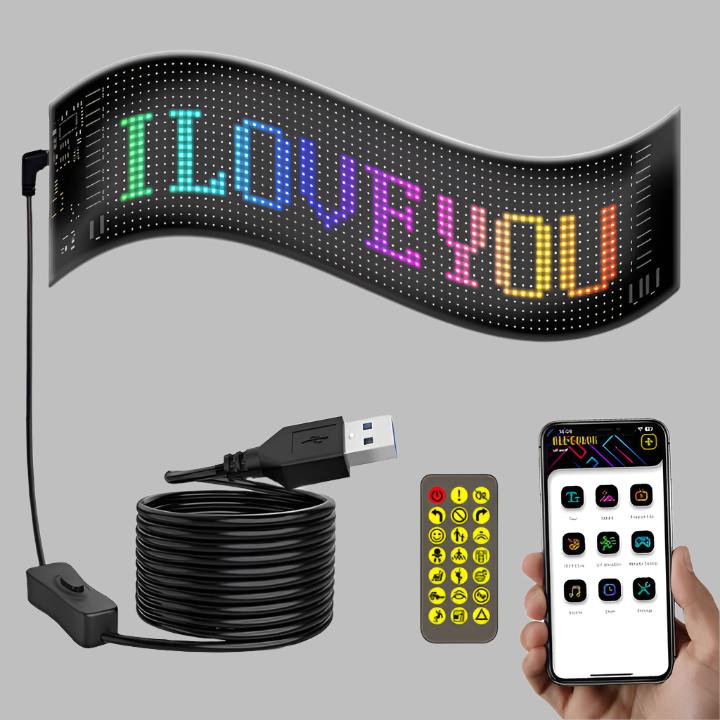 Flexible Waterproof LED Display, Programmable Bluetooth App-Controlled Sign with USB Power, Digital Message Board for Car Windows, Shops, Events & Cafes - High-Density P4.75, Soft Silicone Shell